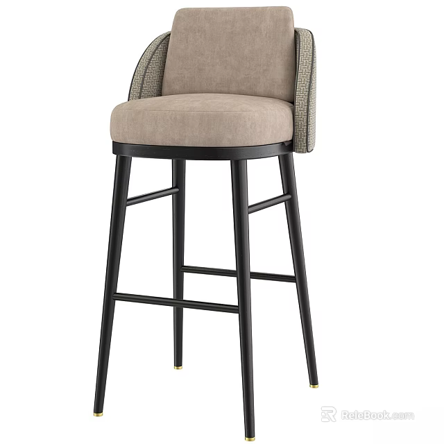 Modern Beige Fabric Bar Stool With Woven Backrest And Black Metal Legs 3d model 