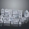 White Furniture Models Featuring Columns Domes and Diverse Roof Designs on Black Background