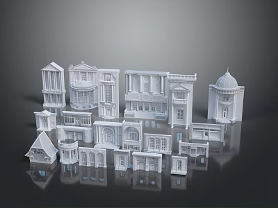 White Furniture Models Featuring Columns Domes and Diverse Roof Designs on Black Background 3d model