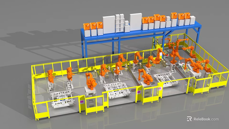 Industrial Equipment Automated Production Line With Robotic Arms Yellow Barriers And Blue Shelving 3d model 