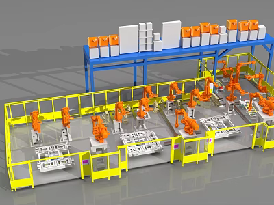 Industrial Equipment Automated Production Line With Robotic Arms Yellow Barriers And Blue Shelving 3d model