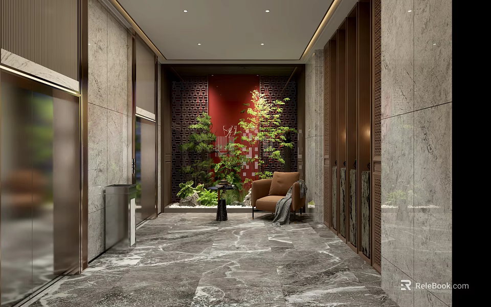 Modern Elevator Lobby Interior With Marble Flooring Red Accent Wall Green Plants And Accent Chair 3d model 