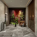 Modern Elevator Lobby Interior With Marble Flooring Red Accent Wall Green Plants And Accent Chair