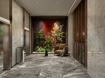 Modern Elevator Lobby Interior With Marble Flooring Red Accent Wall Green Plants And Accent Chair 3d model
