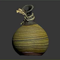 Handcrafted Pottery Jar With Yellow Black Spiral Stripes And Twisted Rope Knot Top Decoration