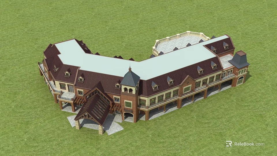 Traditional Commercial Street With Brown Sloped Roofs And Green Lawn Surroundings 3d model 