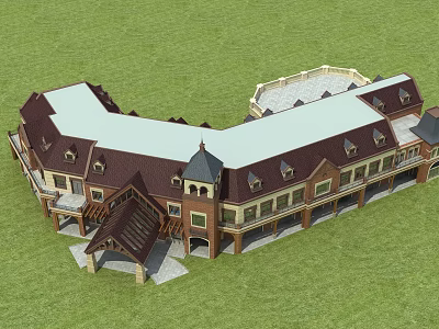 Traditional Commercial Street With Brown Sloped Roofs And Green Lawn Surroundings 3d model