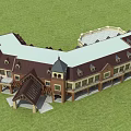 Traditional Commercial Street With Brown Sloped Roofs And Green Lawn Surroundings