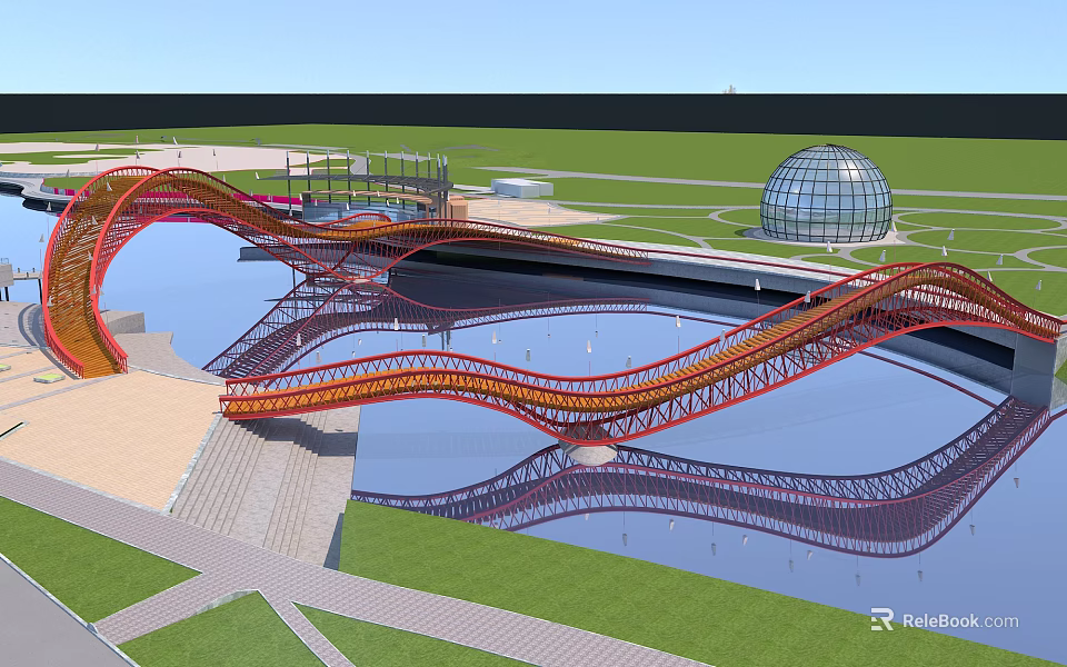 Modern Curved Red Steel Structure Bridge Spanning Water With Green Areas And Domed Building 3d model 