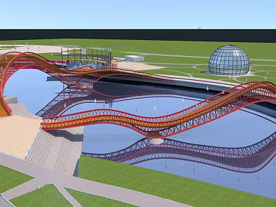 Modern Curved Red Steel Structure Bridge Spanning Water With Green Areas And Domed Building 3d model