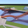 Modern Curved Red Steel Structure Bridge Spanning Water With Green Areas And Domed Building