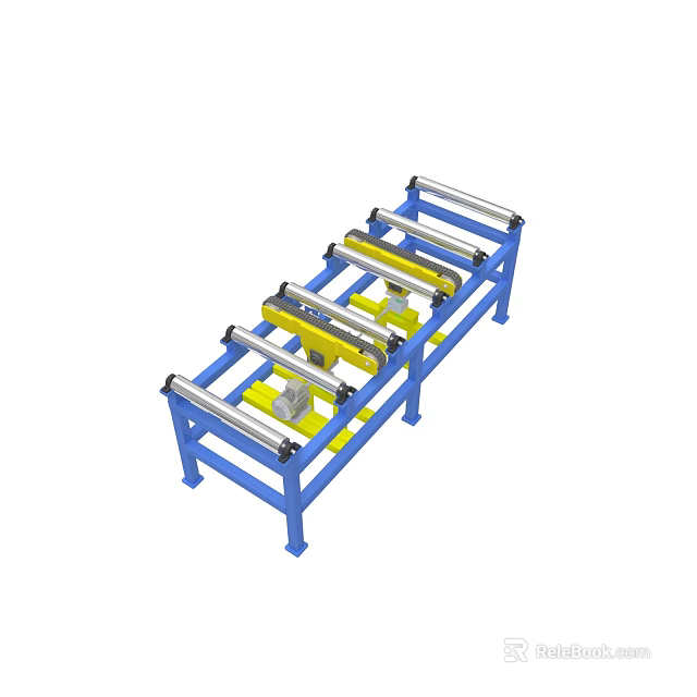 Automated Conveyor System With Blue Frame Yellow Mechanical Parts And Rollers 3d model 
