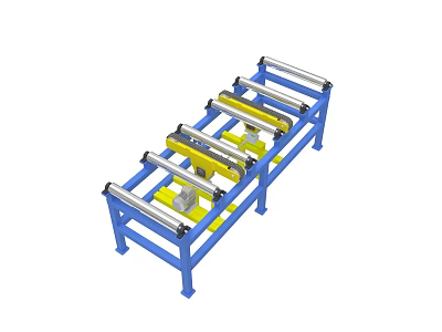 Automated Conveyor System With Blue Frame Yellow Mechanical Parts And Rollers 3d model