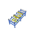 Automated Conveyor System With Blue Frame Yellow Mechanical Parts And Rollers