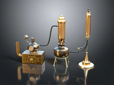 Vintage Laboratory Equipment with Shiny Brass Metal Finish and Connected Tubes on Black Reflective Tabletop 3d model