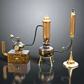 Vintage Laboratory Equipment with Shiny Brass Metal Finish and Connected Tubes on Black Reflective Tabletop