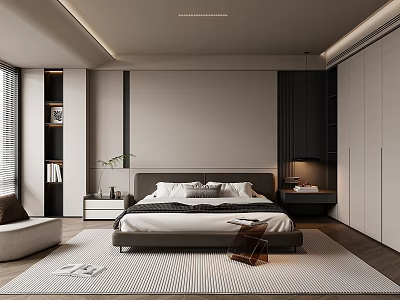 Modern Bedroom Interior Design With Comfortable Bed Dark Wardrobe Striped Rug And Recessed Lighting 3d model