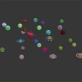 Colorful Spheres and Planet Like Objects Floating With Rings on Black Background 3d model