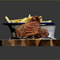 Crispy Fried Chicken Leg With French Fries And Sauce On Wooden Tray