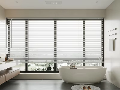 Modern Bathroom Interior With Large Window Blinds Scenic View White Bathtub And Dark Flooring 3d model