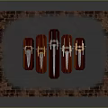 Five Decorative Knives Hung On Brick Wall With Metallic Blades And Red Gold Handles