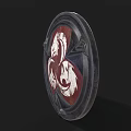 Round Decorative Shield With Ornate Frame Red And White Pattern Wooden Texture And Metal Accents