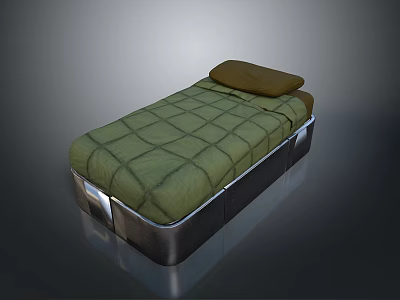Modern Single Bed With Green Plaid Mattress Brown Pillow And Silver Metal Frame 3d model