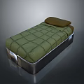 Modern Single Bed With Green Plaid Mattress Brown Pillow And Silver Metal Frame