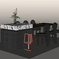 Modern Dining Table Set with Marble Counter Stool Chairs Fruit Bowl and Greenery 3d model