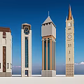 European Architecture Historic Towers with Clock Spires Columns and Decorative Stone Details
