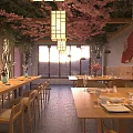 Japanese Style Restaurant Interior With Wooden Tables Cherry Blossom Decor Hanging Lanterns And Green Plants