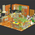 Cartoon Kitchen Scene with Orange and Green Cabinets Island Dining Table Chairs and Kitchen Utensils