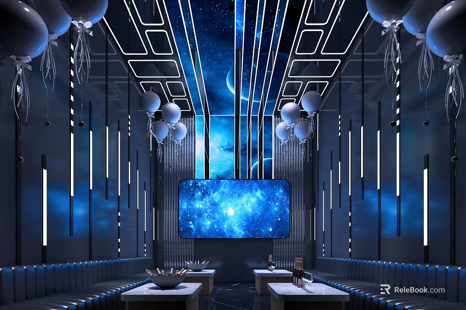 KTV Lounge With Starry Sky Ceiling Geometric Lines White Balloons And Blue Light Strips 3d model 