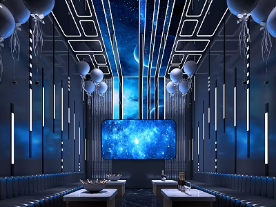 KTV Lounge With Starry Sky Ceiling Geometric Lines White Balloons And Blue Light Strips 3d model