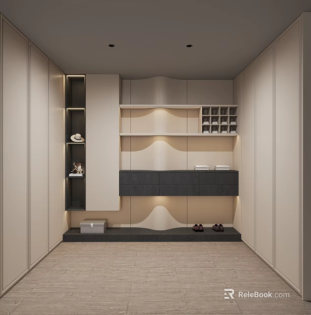 Modern Minimalist Walk-in Closet Interior With Built-in Cabinets Shelves And Ambient Lighting 3d model 