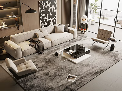 Elegant Modern Light Gray Sofa Coffee Table With Accent Chairs Area Rug And Wall Art 3d model