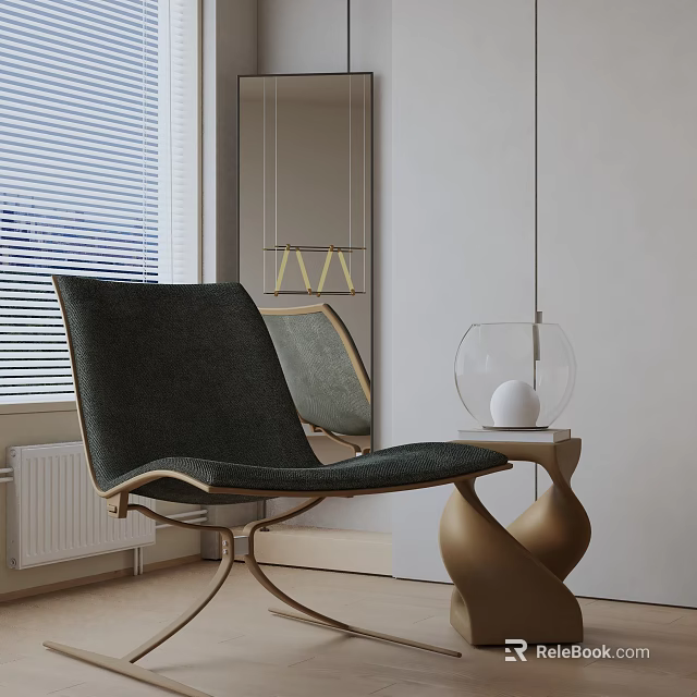 Modern Dark Fabric Leisure Chair With Metal Frame And Side Table Globe By Window Blinds 3d model 