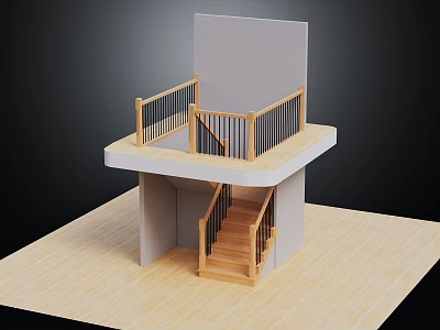 Wooden Stairs With Wooden Handrail And Black Balusters On Light Wood Flooring 3d model