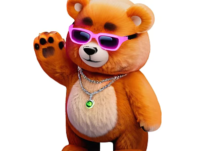 Cute Brown Teddy Bear Doll Wearing Pink Sunglasses with Necklace and Green Pendant Waving Hand 3d model