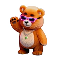 Cute Brown Teddy Bear Doll Wearing Pink Sunglasses with Necklace and Green Pendant Waving Hand