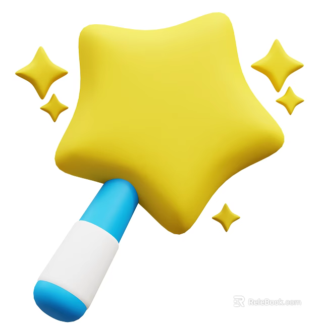 Yellow Star Decorative Ornament Set With Blue White Handle And Small Stars 3d model 