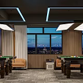 Modern Billiard Room Interior With Tables Seating Ceiling Lights And Shelves 3d model