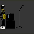 Man In White Hat And Yellow Vest Playing Electric Guitar With Microphone Stand