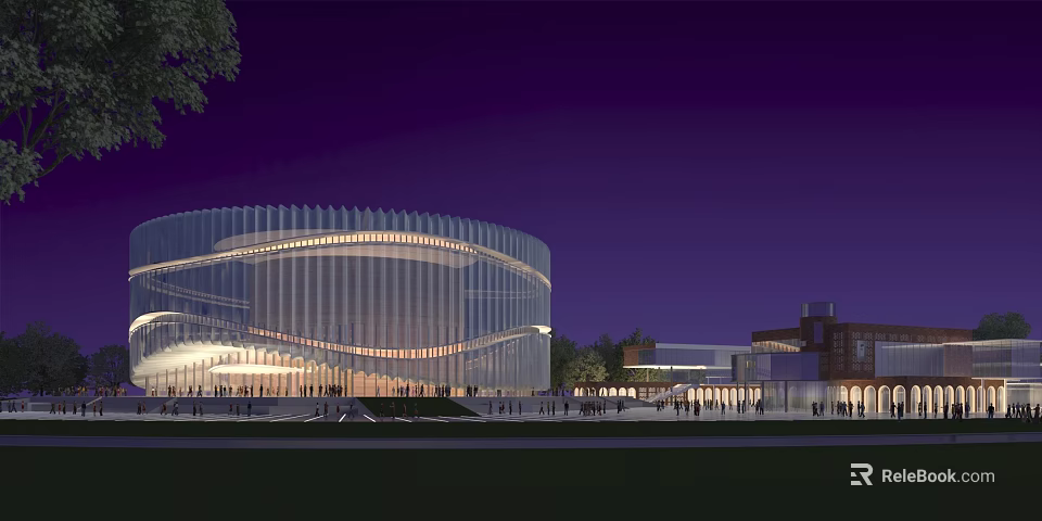 Modern Cultural Center Building With Illuminated Glass Facade And Outdoor Plaza At Night 3d model 