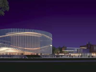 Modern Cultural Center Building With Illuminated Glass Facade And Outdoor Plaza At Night 3d model