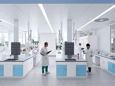 Modern Research Laboratory Interior With Scientists Working At Lab Benches And Blue White Cabinets 3d model