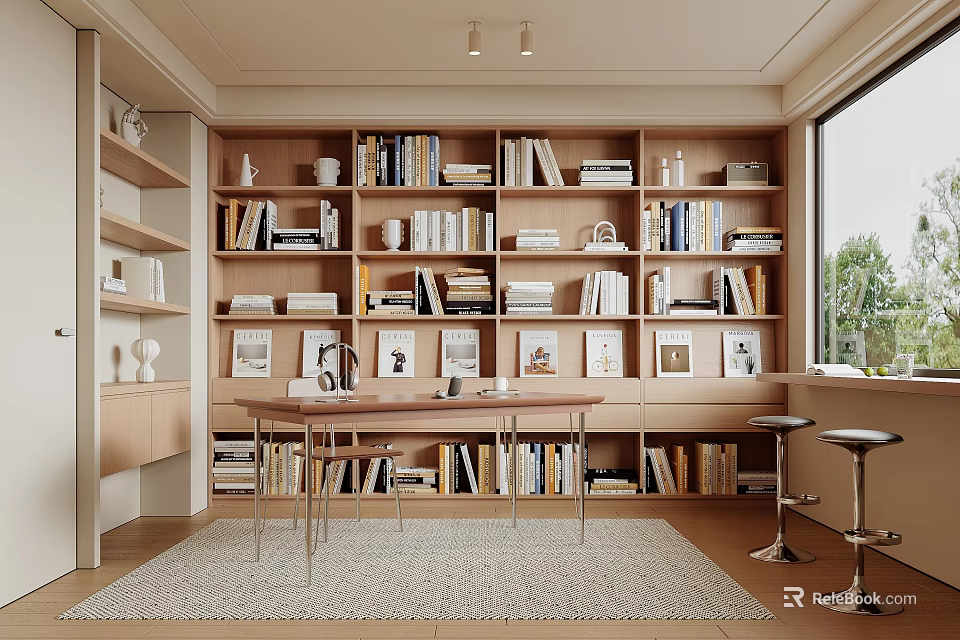 Bright Study Room With Wooden Bookshelves Full Of Books Desk Window And Soft Rug 3d model 