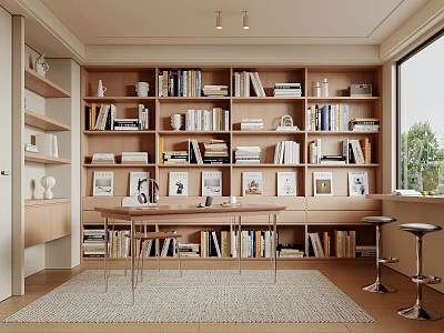 Bright Study Room With Wooden Bookshelves Full Of Books Desk Window And Soft Rug 3d model