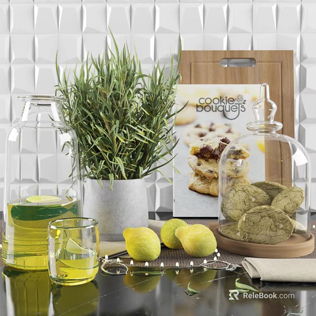Elegant Kitchen Utensils Featuring Glass Jars Lemons Cookies Recipe Book And Wooden Cutting Board 3d model 