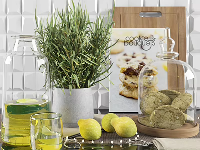 Elegant Kitchen Utensils Featuring Glass Jars Lemons Cookies Recipe Book And Wooden Cutting Board 3d model